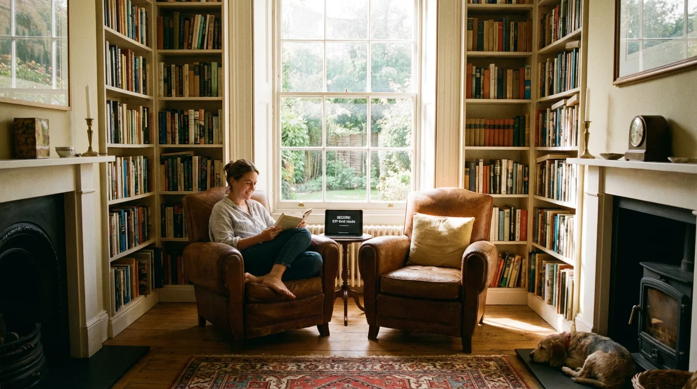 A person reading peacefully in a private home library, conveying a sense of security.