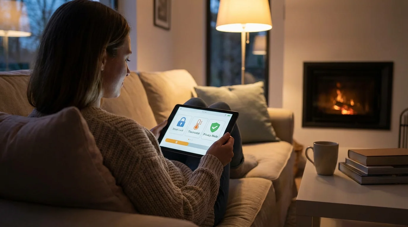 A person relaxing on a sofa while securely managing their smart home settings on a tablet.
