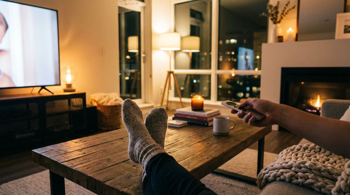 A person relaxing on a sofa with a streaming remote in a cozy living room.