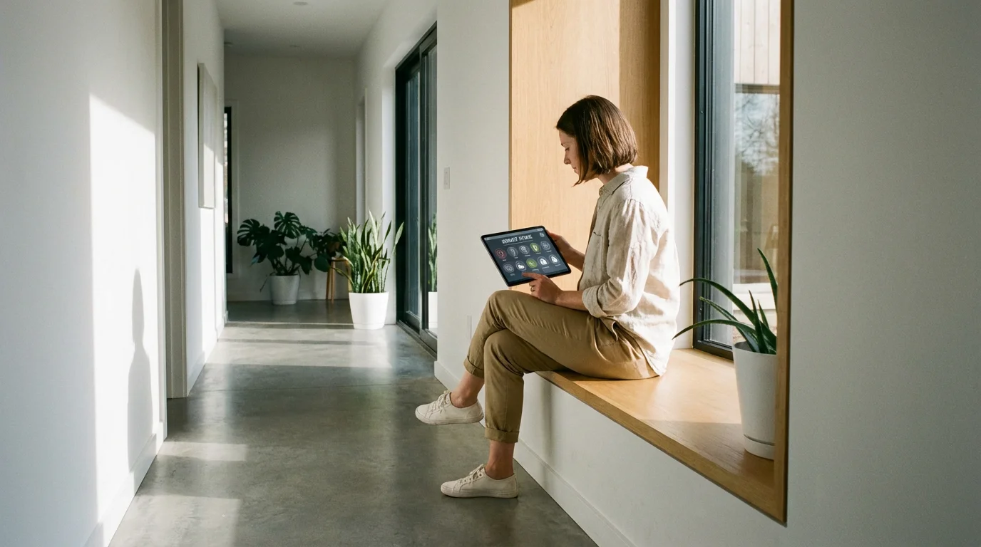 A person reviewing smart home settings on a tablet in a minimalist hallway.