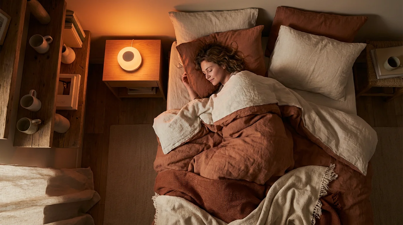 A person sleeping soundly in a room with dim, warm orange smart lighting.