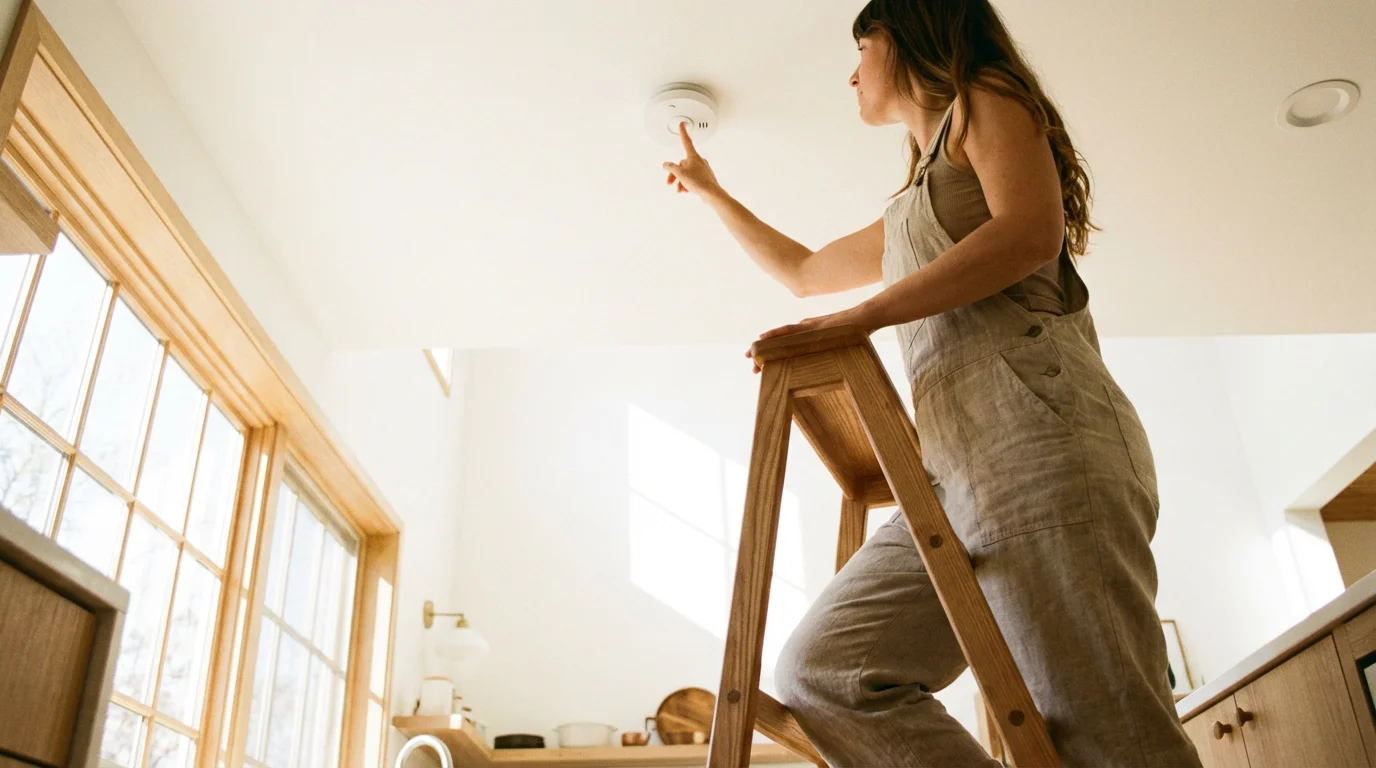 A person testing a smart smoke detector on the ceiling of a bright room.