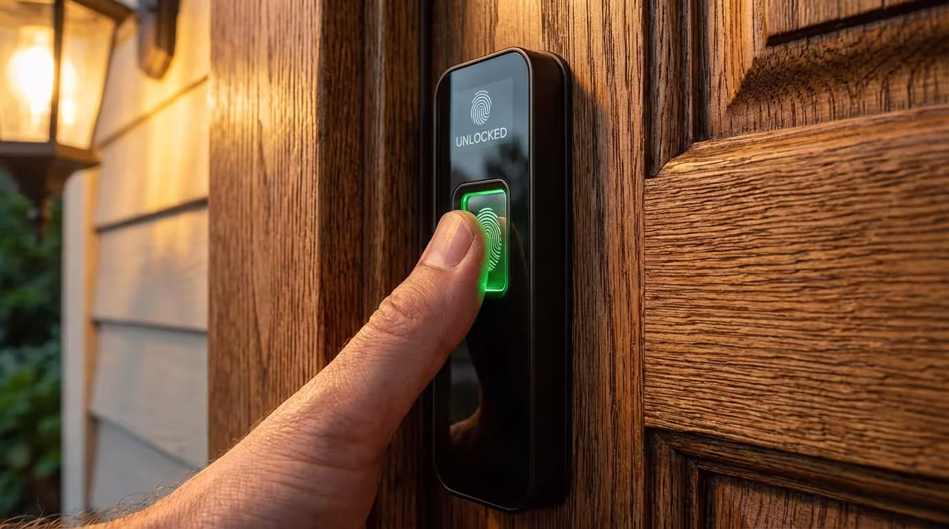 A person using a fingerprint sensor on a modern, high-end smart door lock.