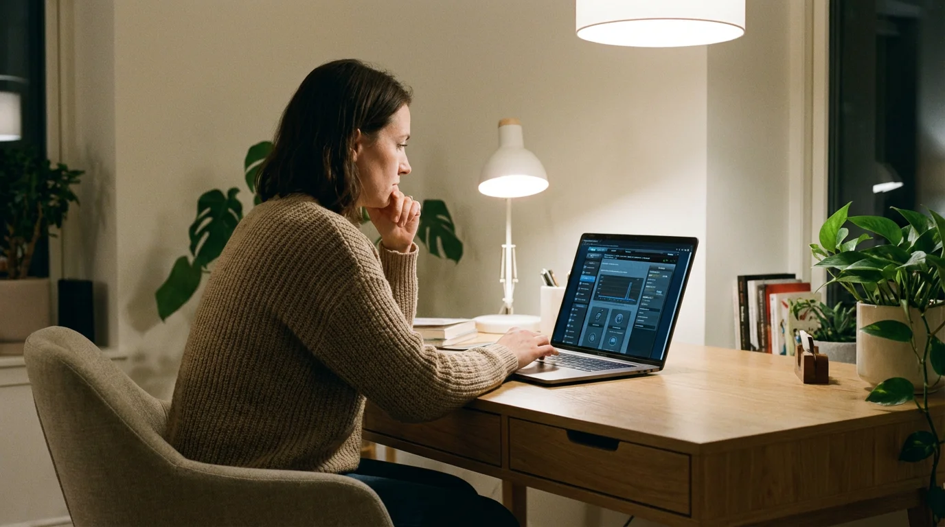 A person using a laptop to access router settings in a home office.