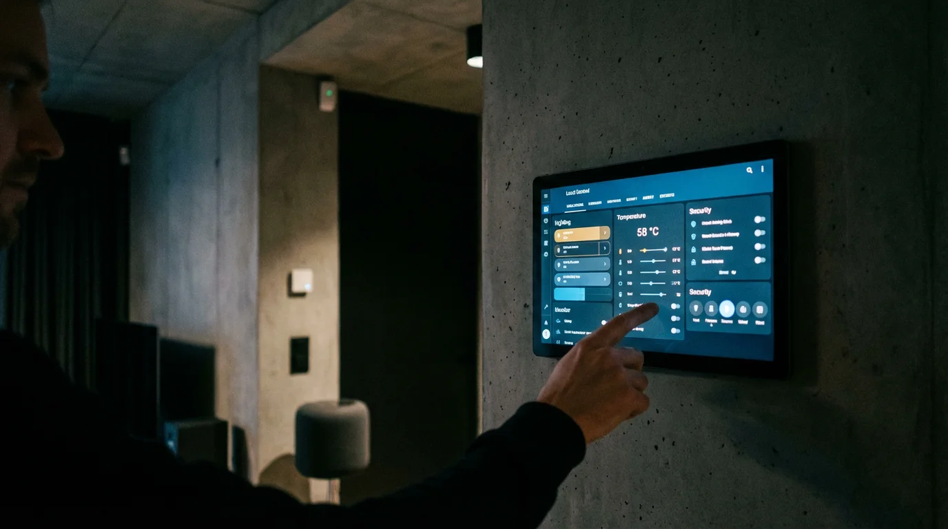 A person using a local control smart home panel during an internet outage.