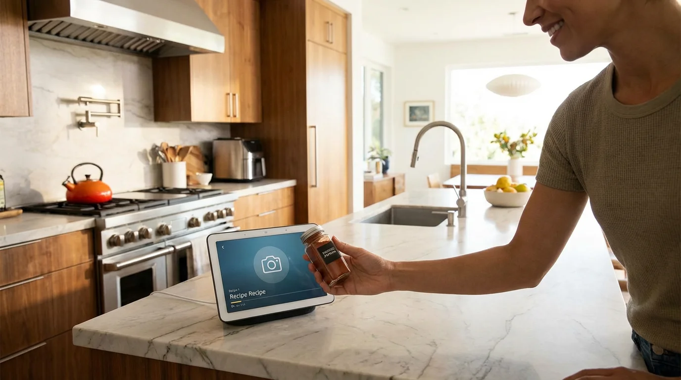 A person using a smart display's camera to identify a kitchen item.