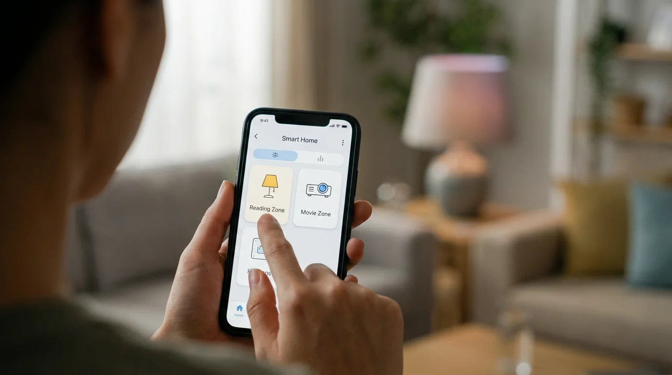 A person using a smart home app on their phone to group lights into different zones.