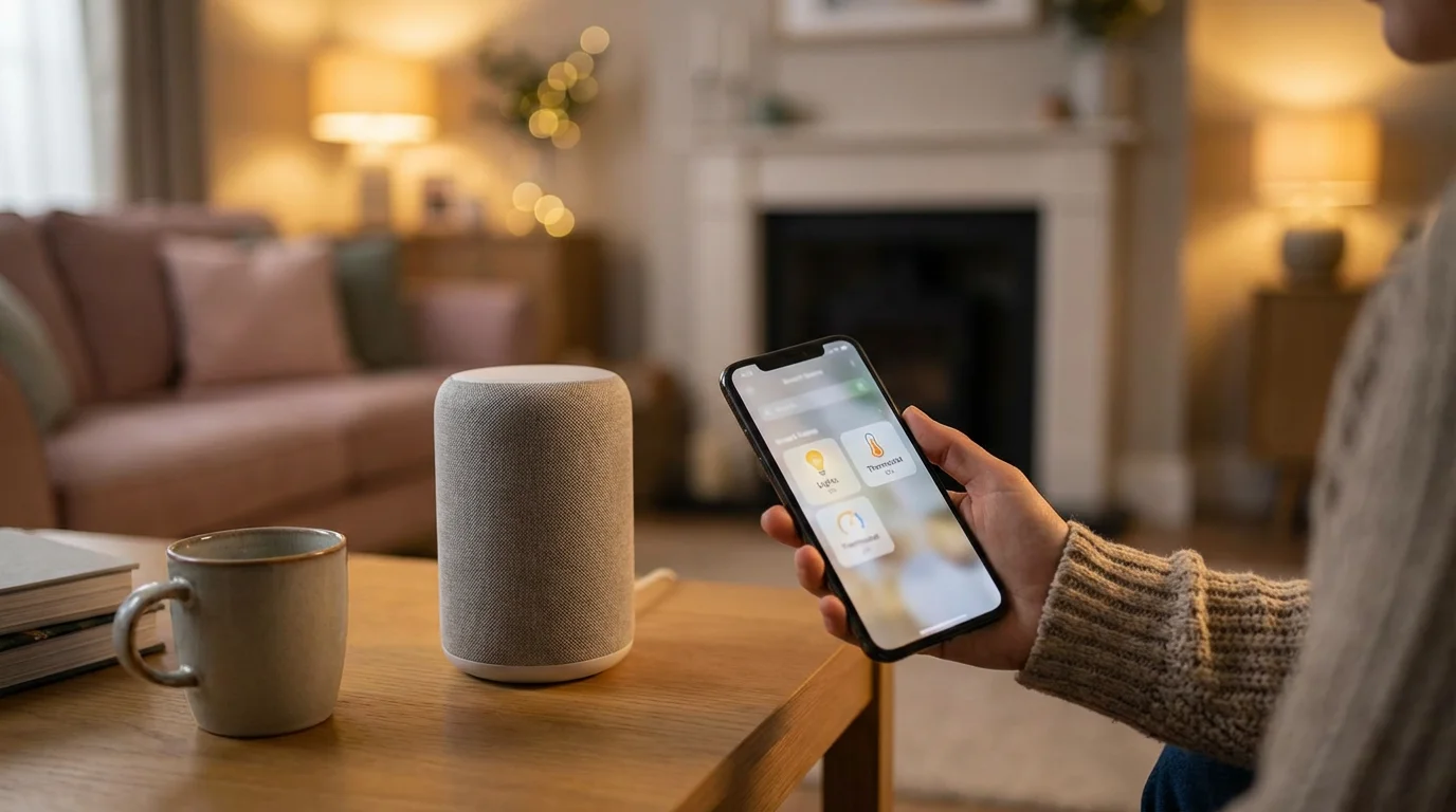 A person using a smartphone app next to a smart speaker on a table.