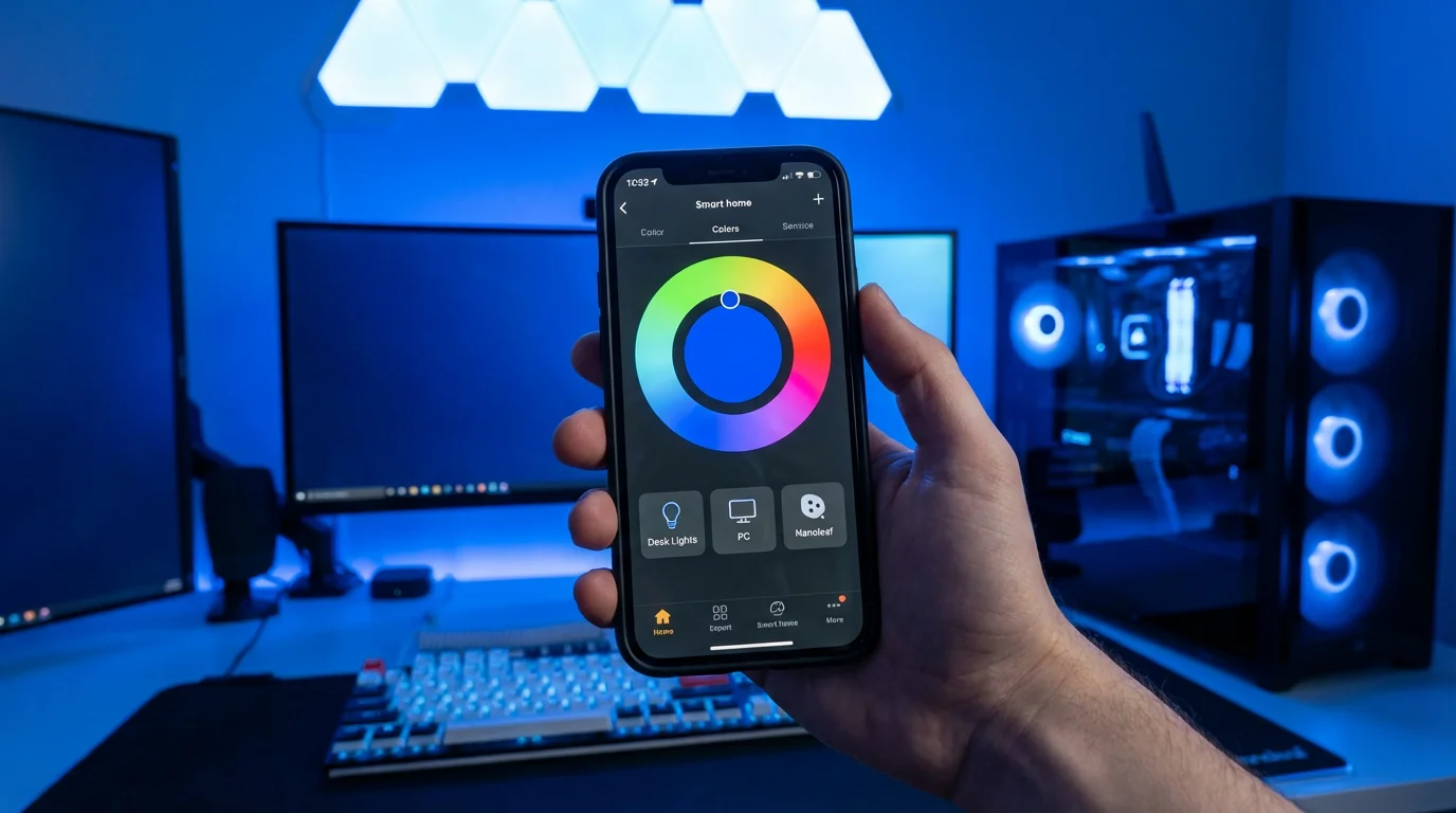 A person using a smartphone app to control the colors of the smart lights in their room.