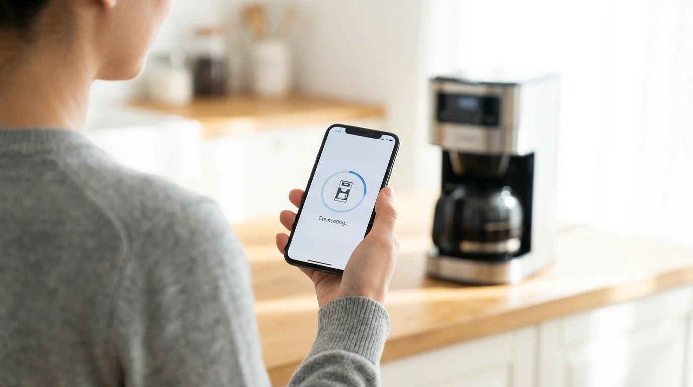 A person using a smartphone app to set up a smart home device in a kitchen.