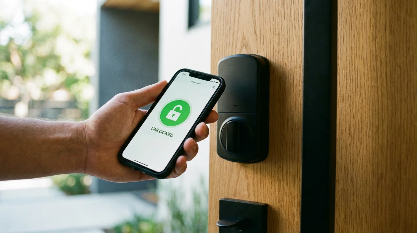 A person using a smartphone app to unlock a modern black smart deadbolt.