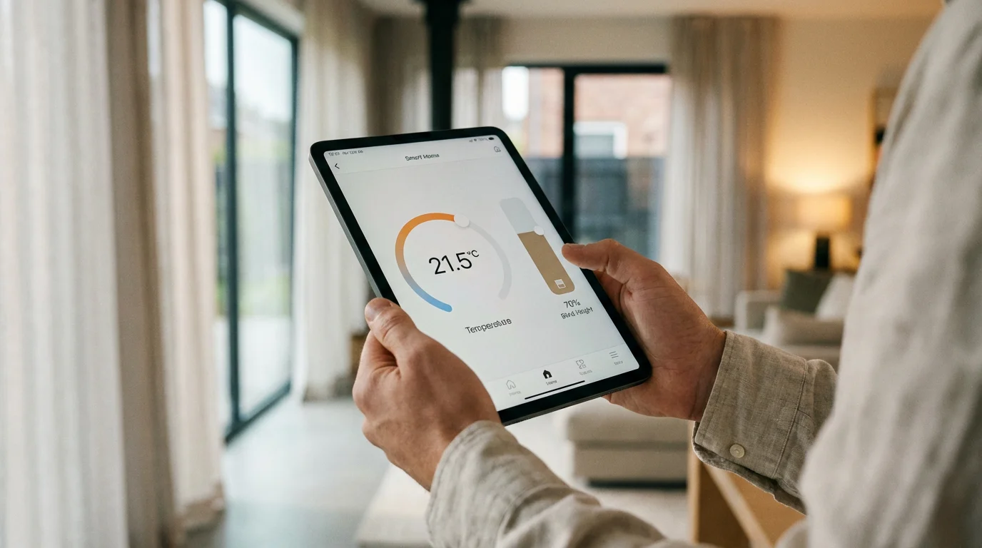 A person using a tablet app to set up automation routines for their smart thermostat and blinds.