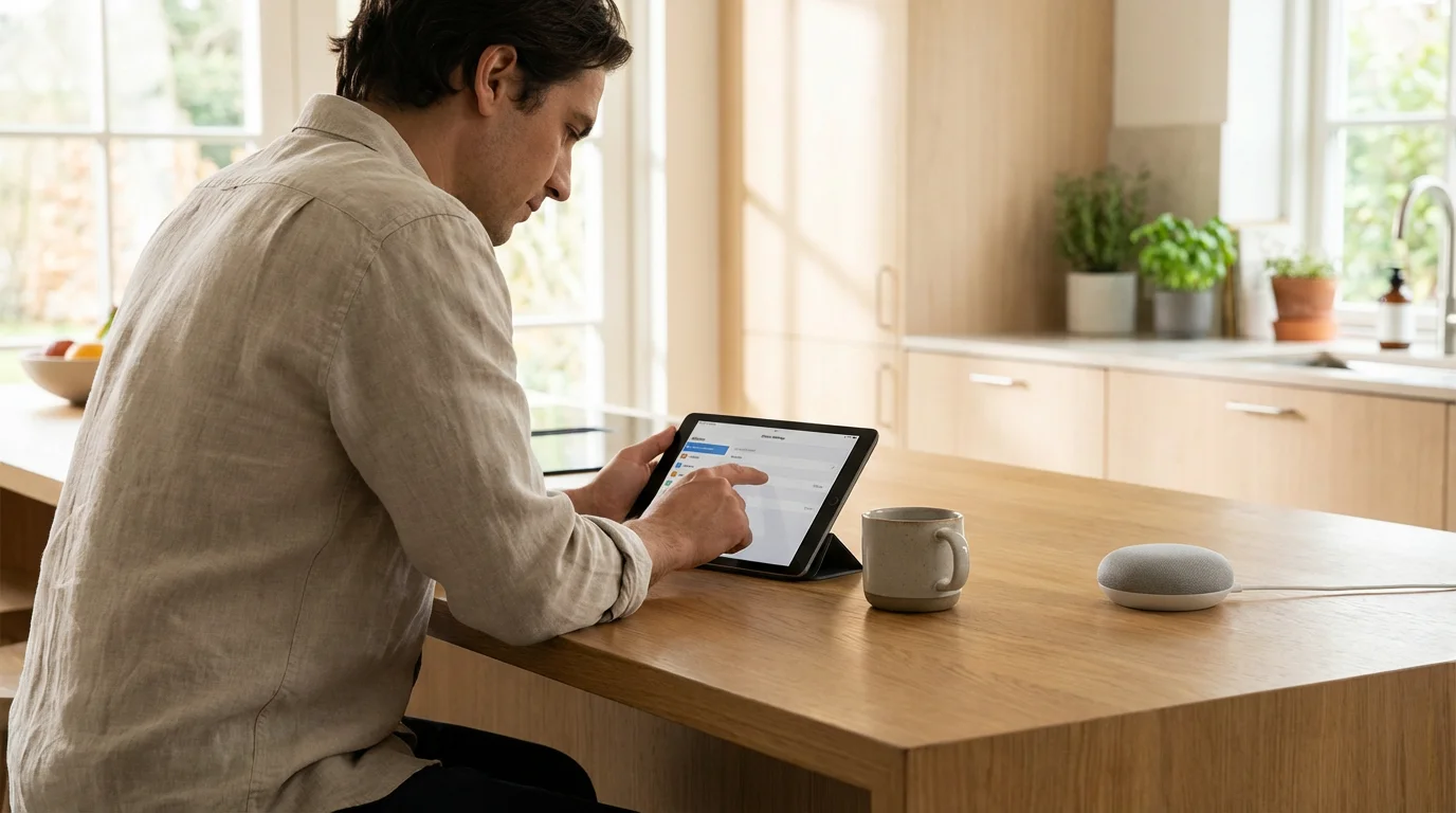 A person using a tablet at a kitchen island in a bright, modern home.
