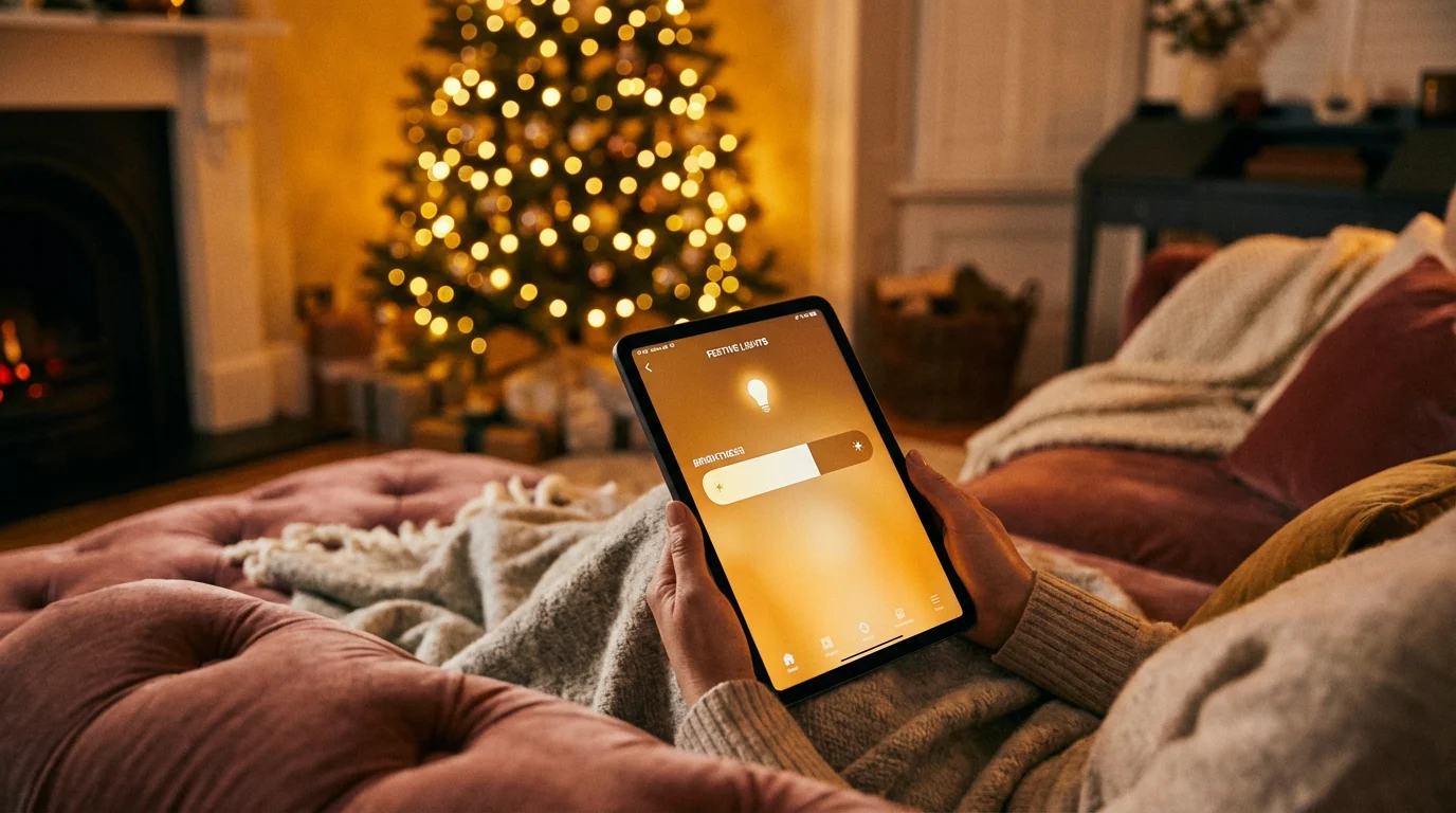 A person using a tablet to customize holiday light brightness in a cozy, modern living room.