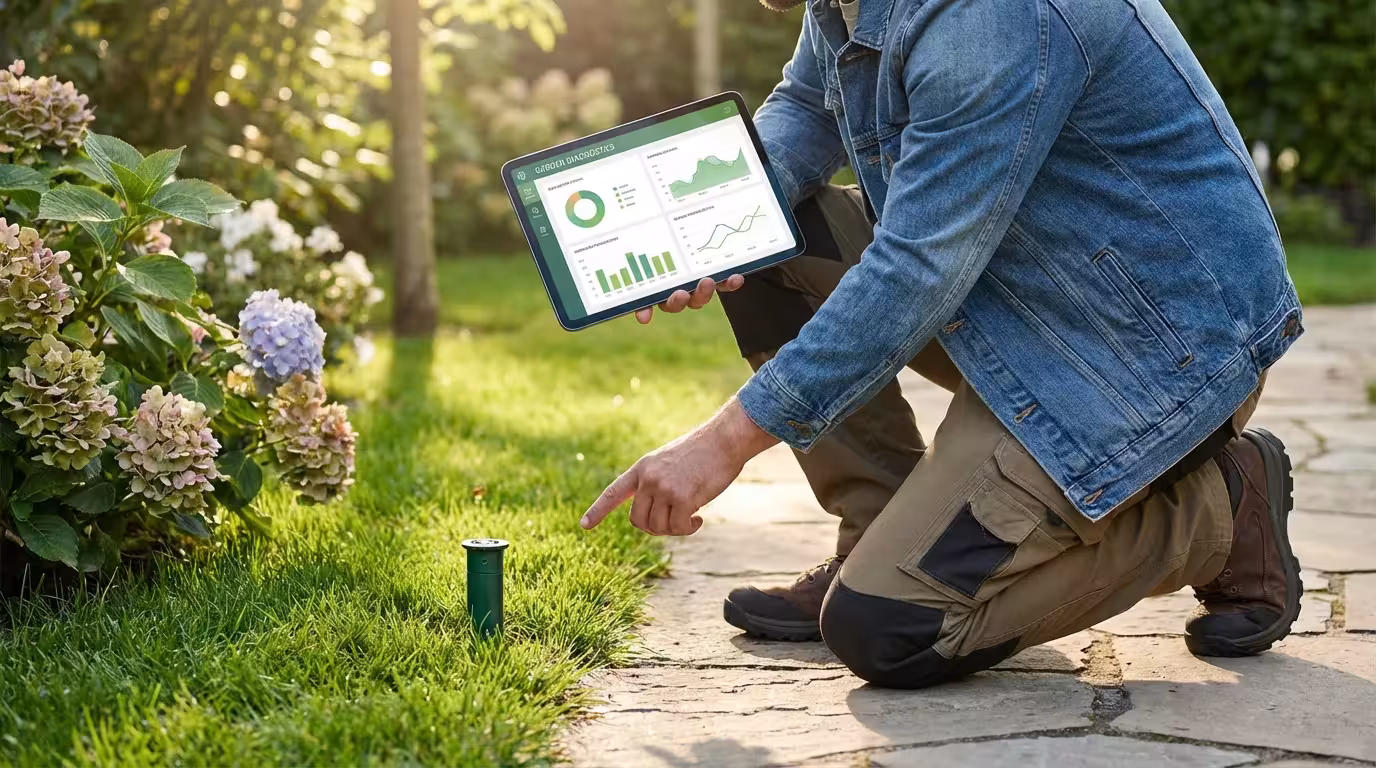 A person using a tablet to troubleshoot a sprinkler head in a residential garden.