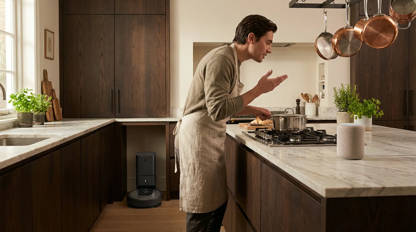 A person using a voice assistant to control a robot vacuum in a modern kitchen.