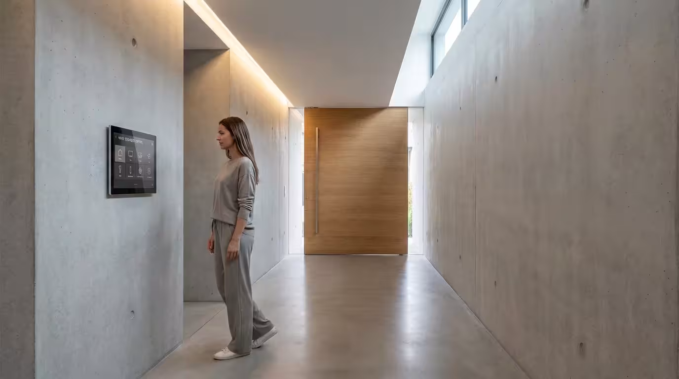 A person using a wall-mounted smart home interface in a modern, minimalist hallway.