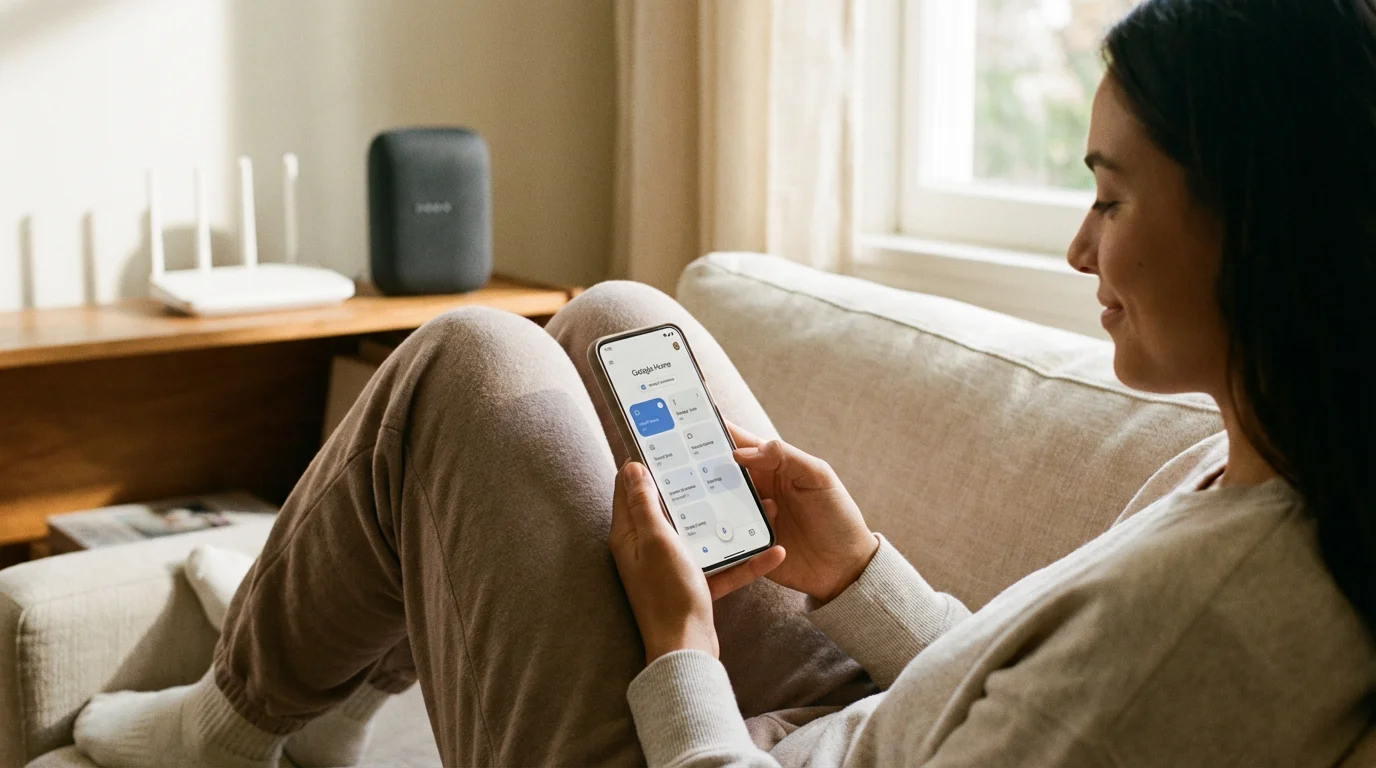 A person using their phone to troubleshoot smart home devices in a living room.
