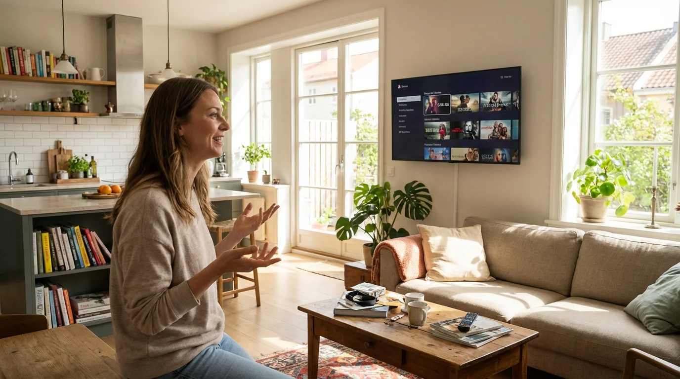 A person using voice commands in a natural, daily setting to control their television.