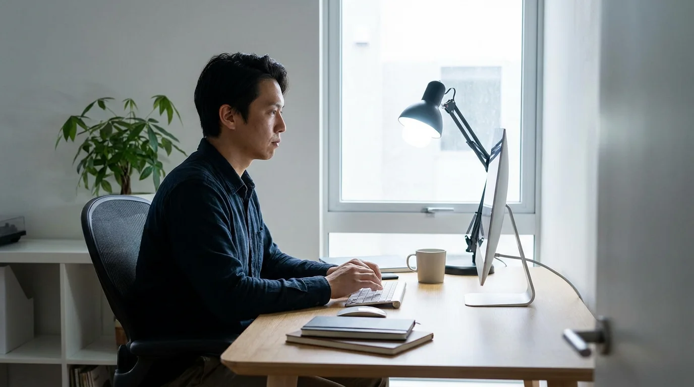 A person working at a desk with bright, cool-white smart lighting for focus.