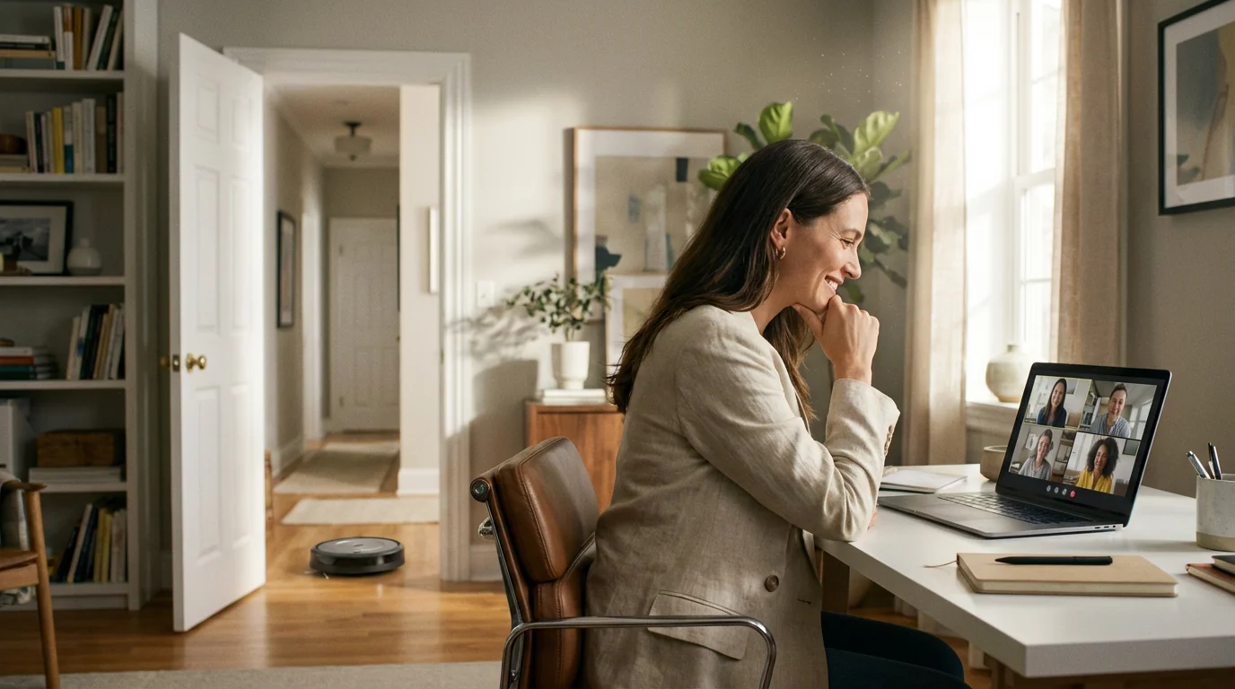 A person working in a home office while a robot vacuum cleans a different part of the house.