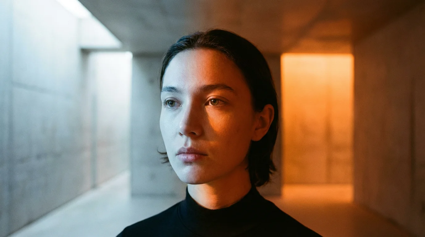 A person's face illuminated by a gradient of cool blue and warm orange light.