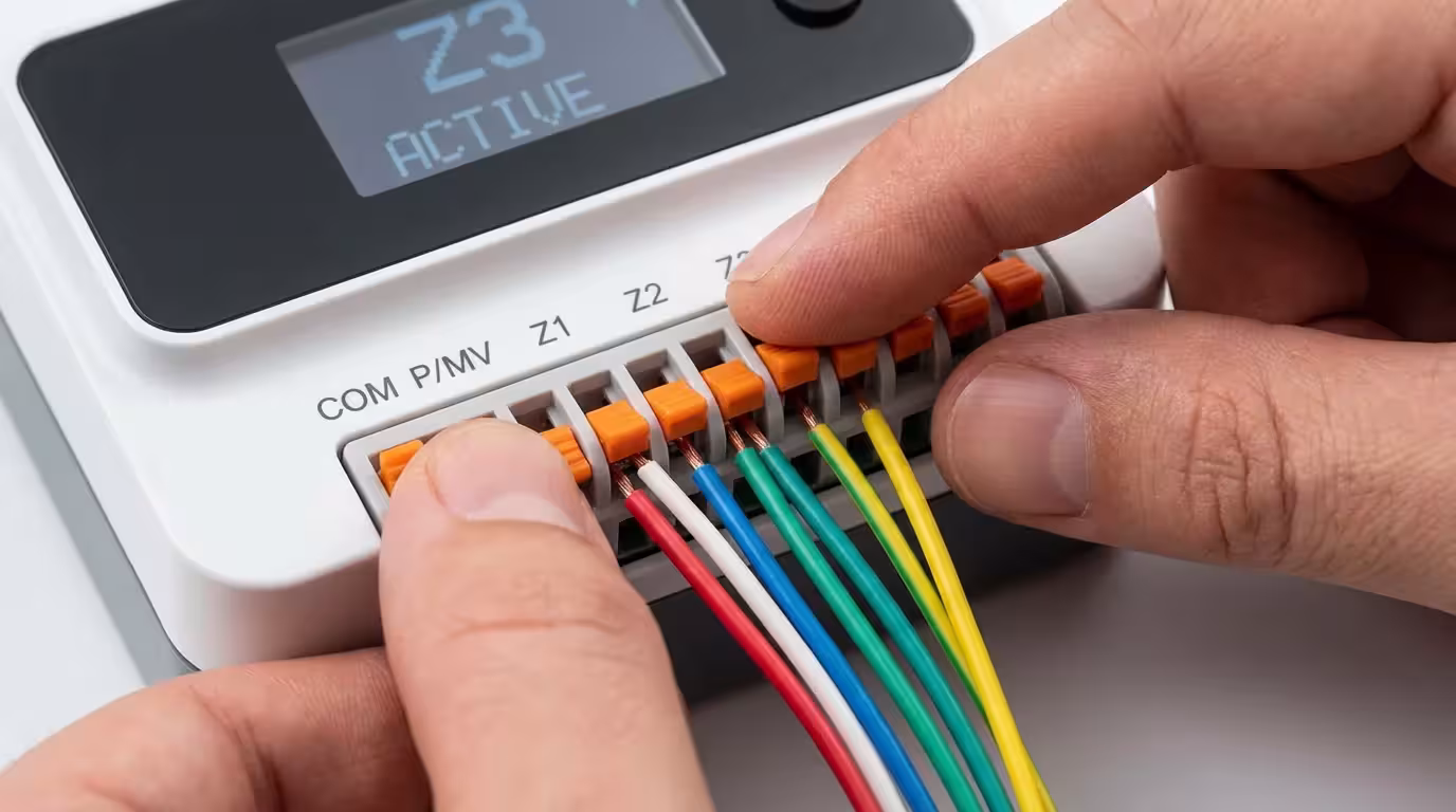 A person's hands connecting colored wires into a smart garden controller terminal.