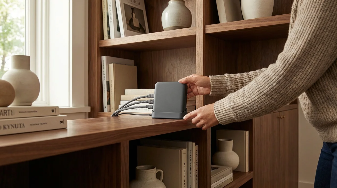 A person's hands neatly adjusting cables on a modern Wi-Fi router on a bookshelf.