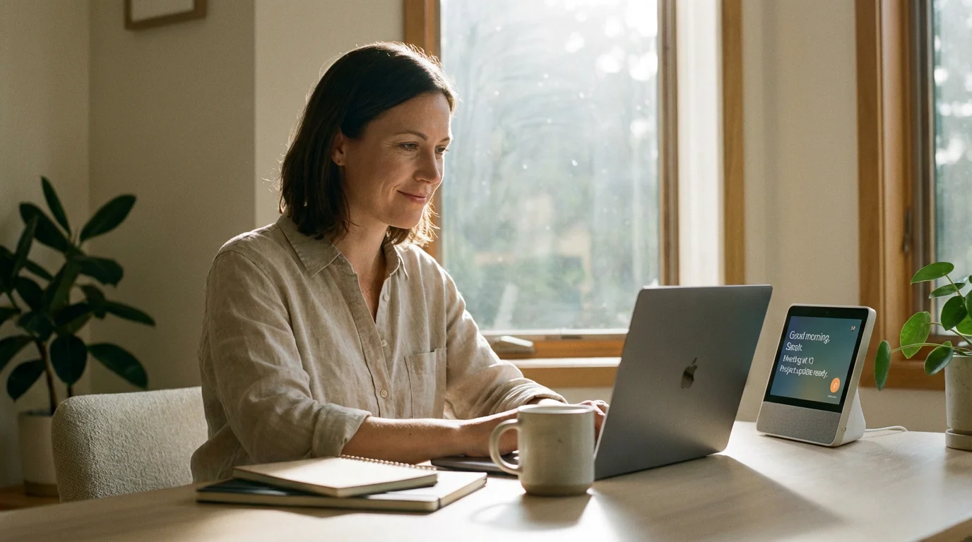 A productive home office setup with a smart display used for information and assistance.