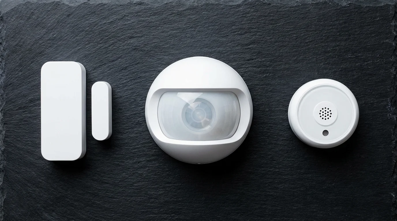 A professional flat lay of various white smart security sensors on a dark slate background.