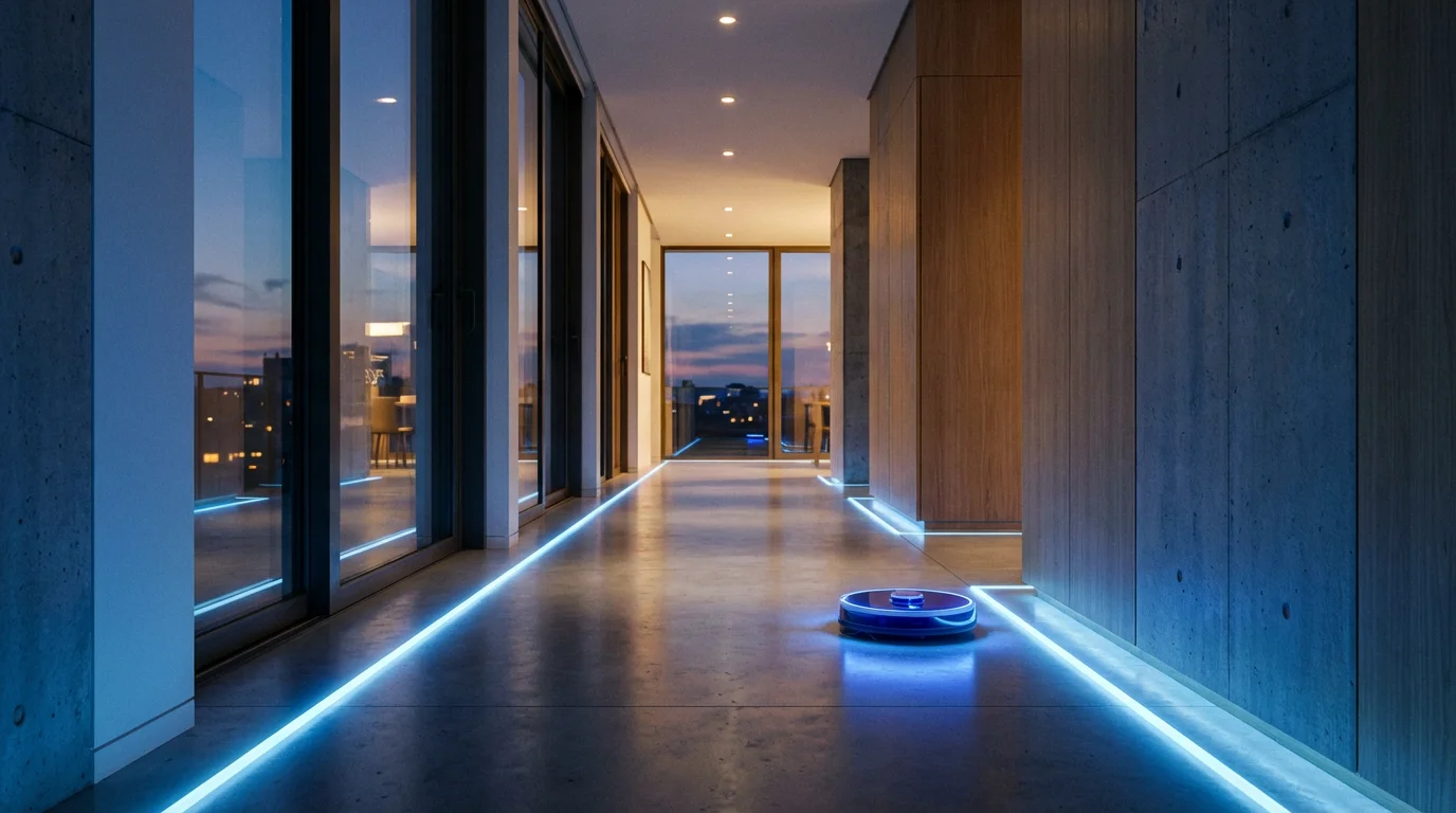 A robot vacuum cleaning a dark hallway guided by floor-level smart lighting.
