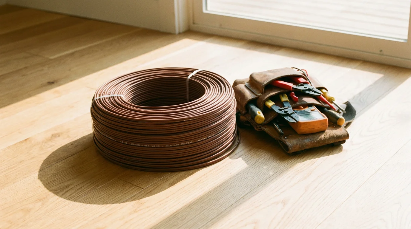 A roll of new thermostat wiring and tools on a wooden floor.