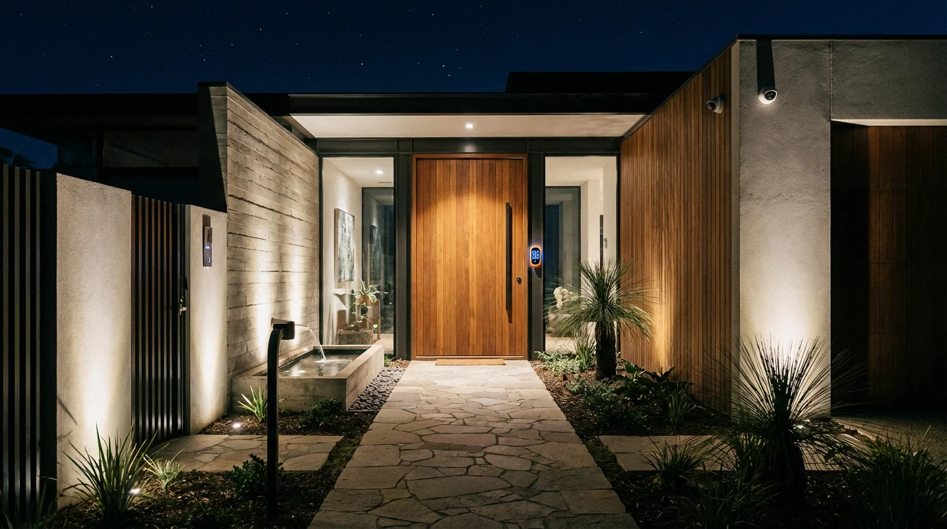A secure and well-lit modern home entrance at night with a glowing smart lock.
