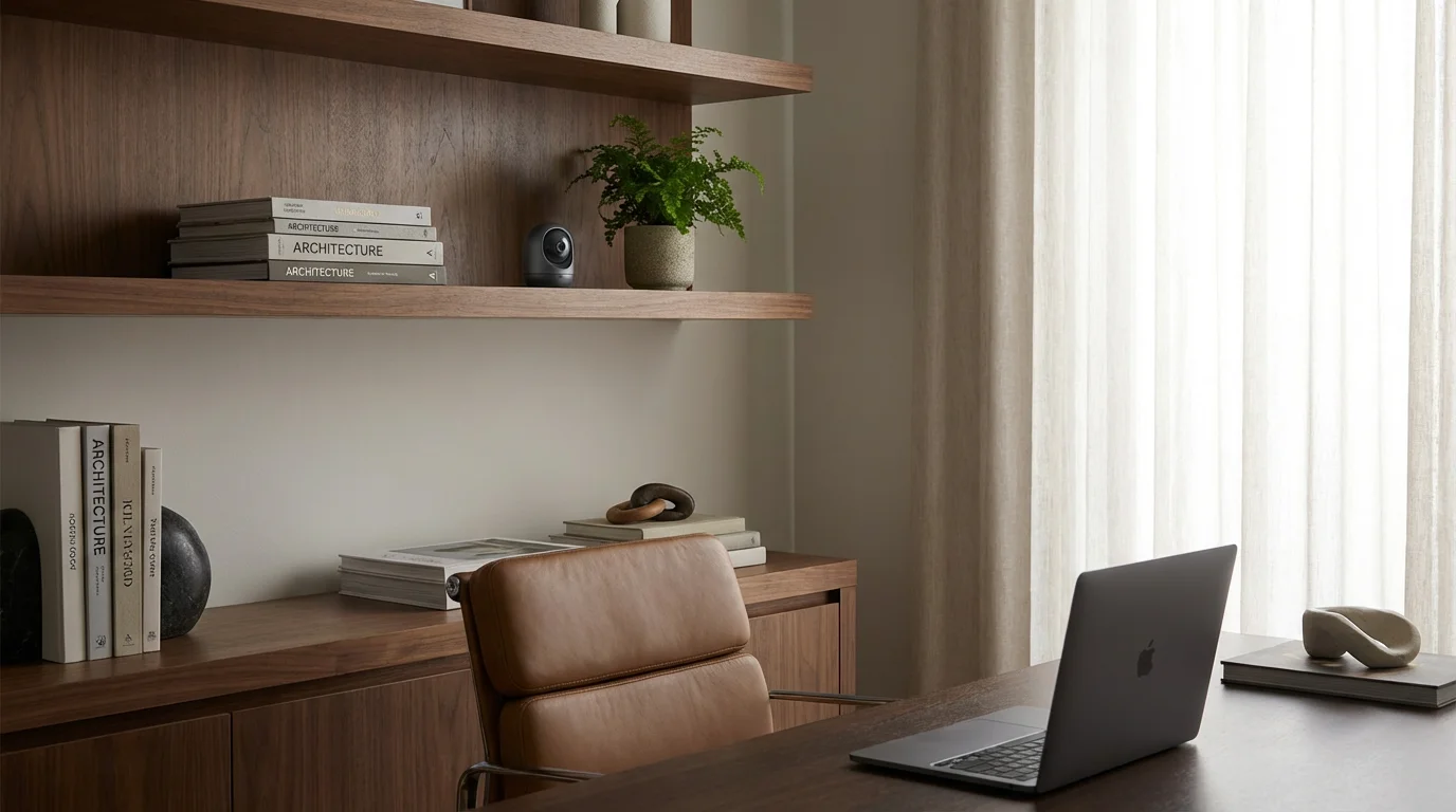 A security camera placed discreetly on a bookshelf in a private home office.