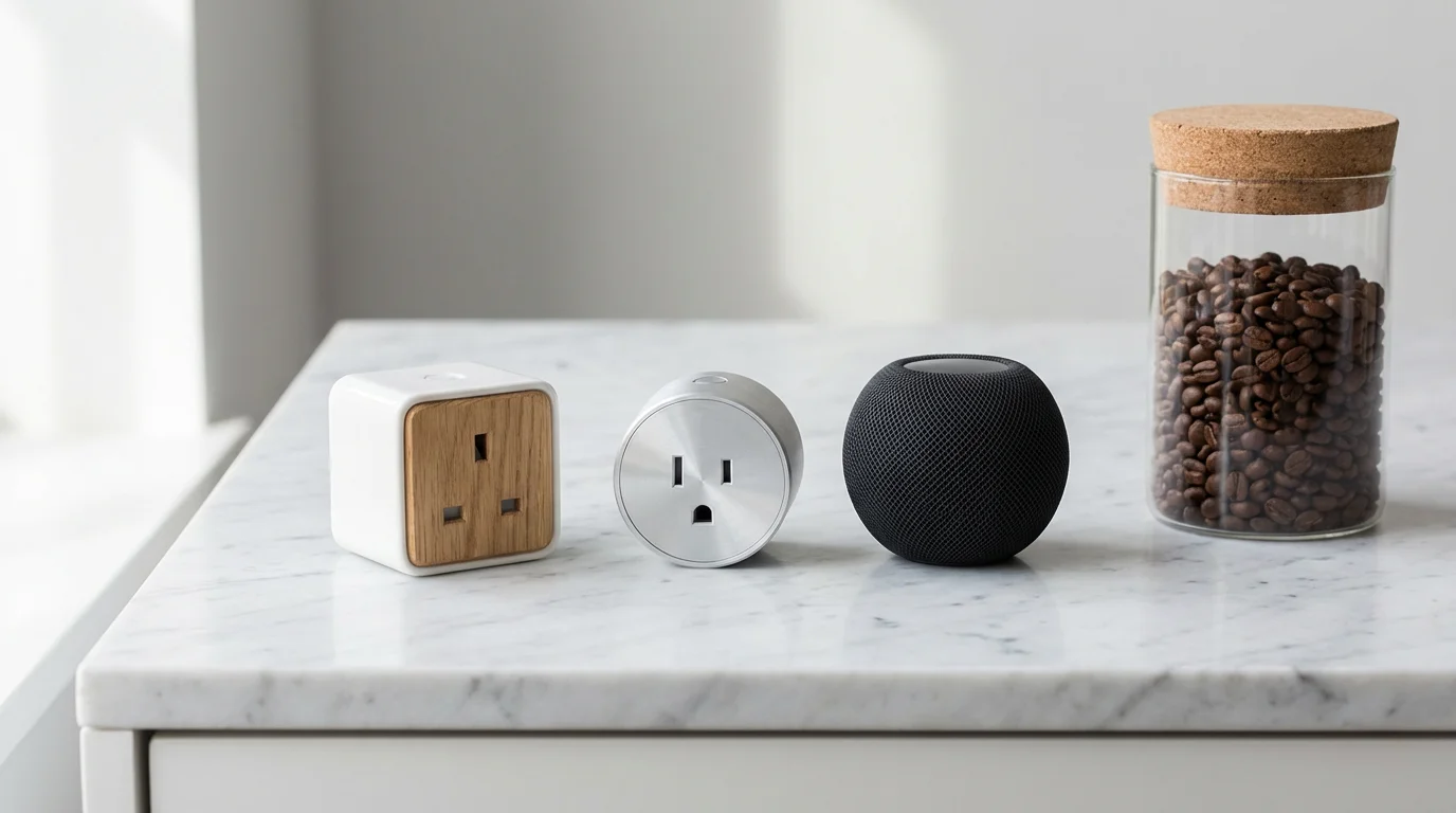 A selection of different smart plugs displayed on a kitchen counter next to coffee beans.
