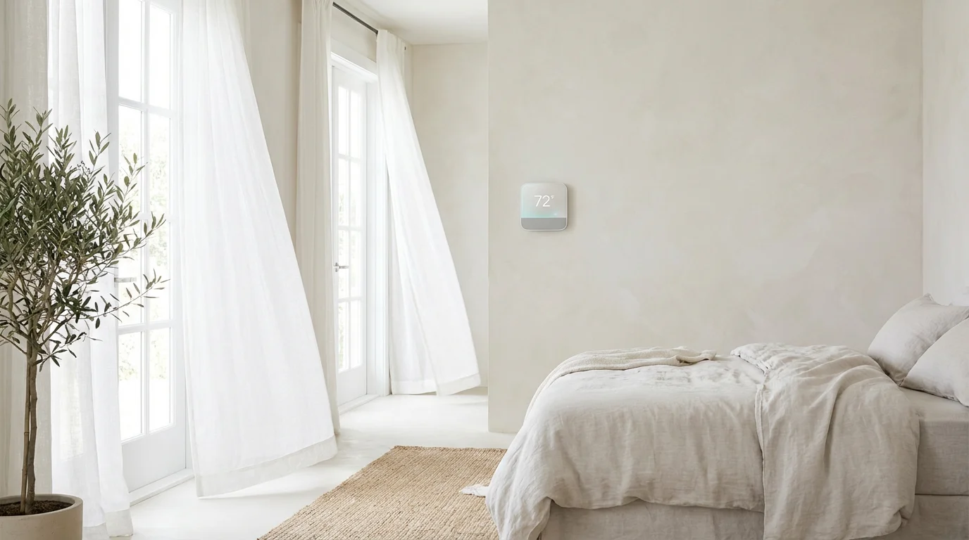 A serene bedroom with light curtains and a smart thermostat, representing holistic home cooling.
