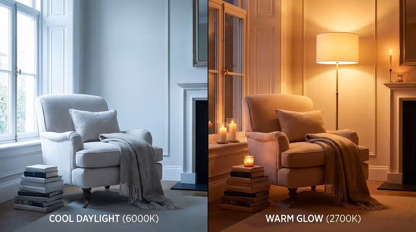 A side-by-side comparison of cool blue light versus warm yellow light in a reading nook.