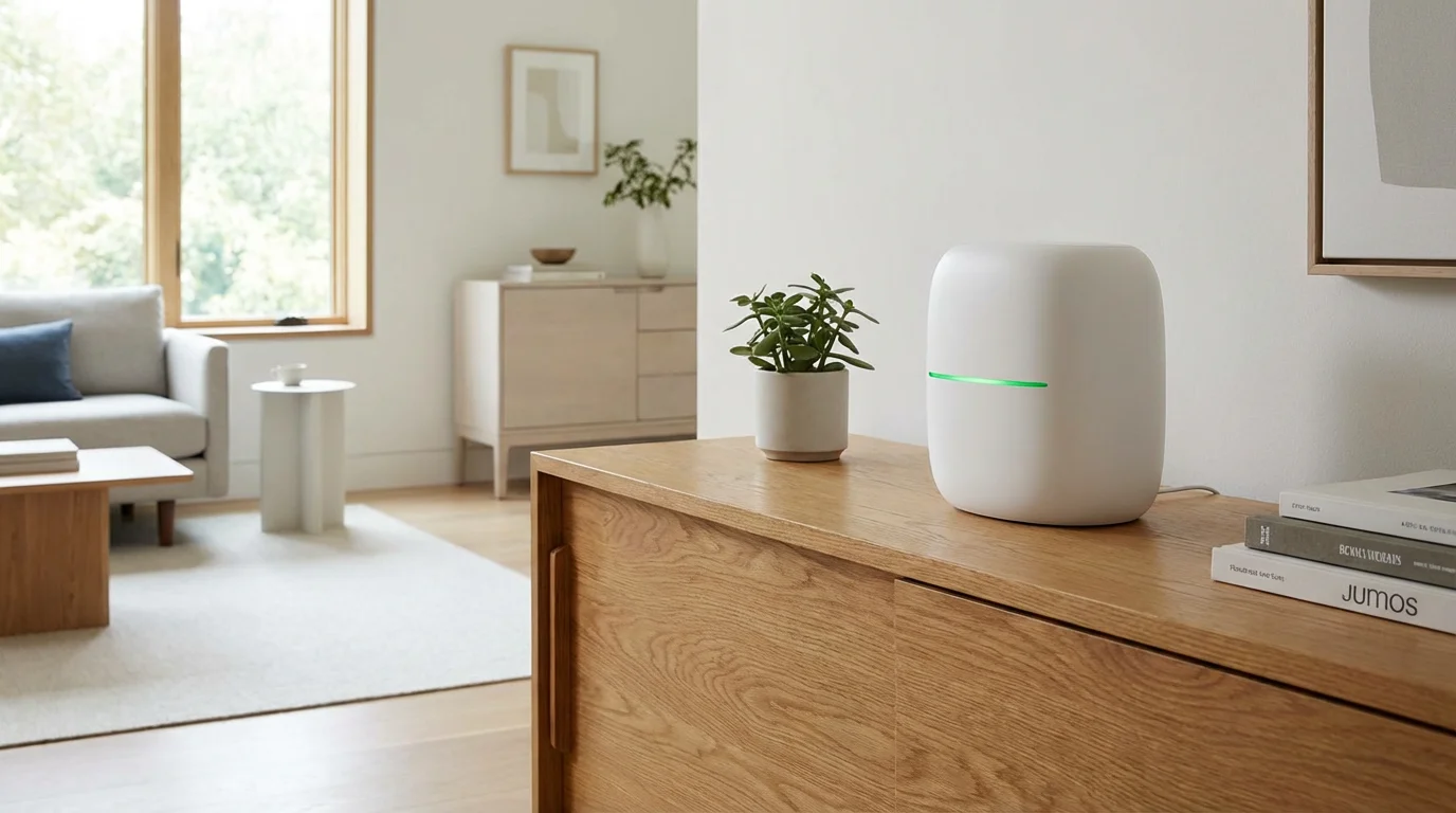 A sleek, modern Wi-Fi router on a wooden table in an organized home entry.