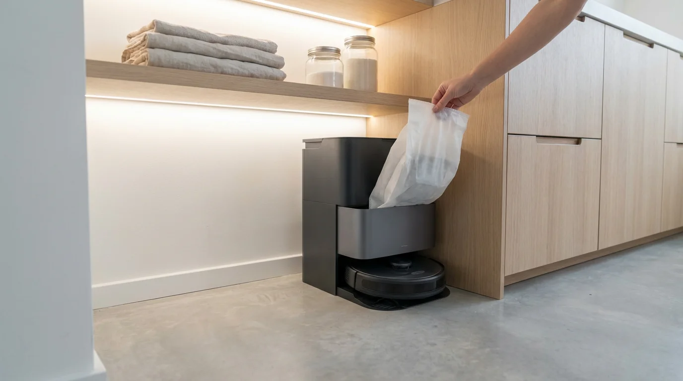 A sleek self-emptying robot vacuum base station in a modern utility room.