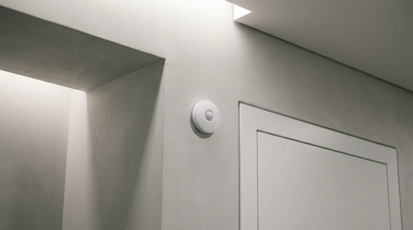 A sleek, small motion sensor mounted on a neutral-colored wall.