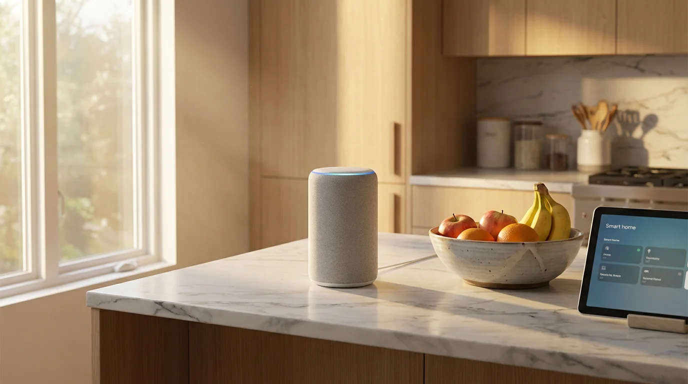 A sleek smart home hub on a kitchen counter in a bright apartment.