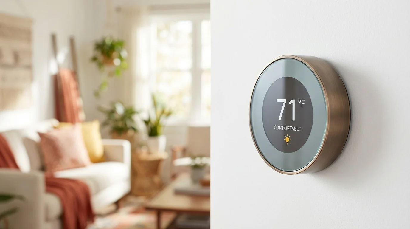 A sleek smart thermostat on a white wall displaying the indoor temperature.