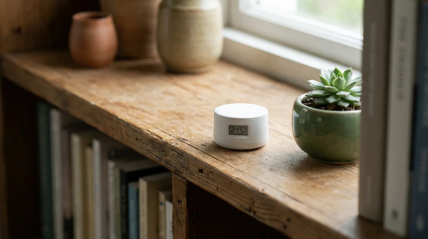 A small smart home sensor placed on a bookshelf next to a plant.