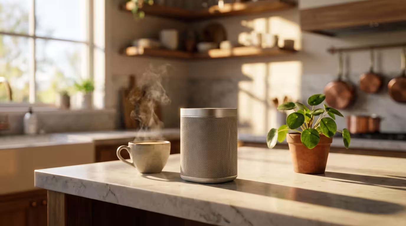 A small smart speaker on a kitchen counter next to a coffee cup in morning light.