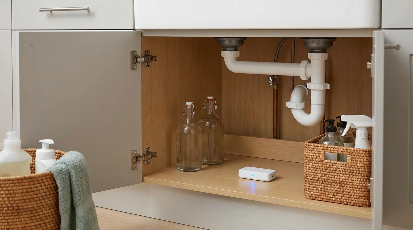 A small white smart leak sensor glowing blue under a kitchen sink.