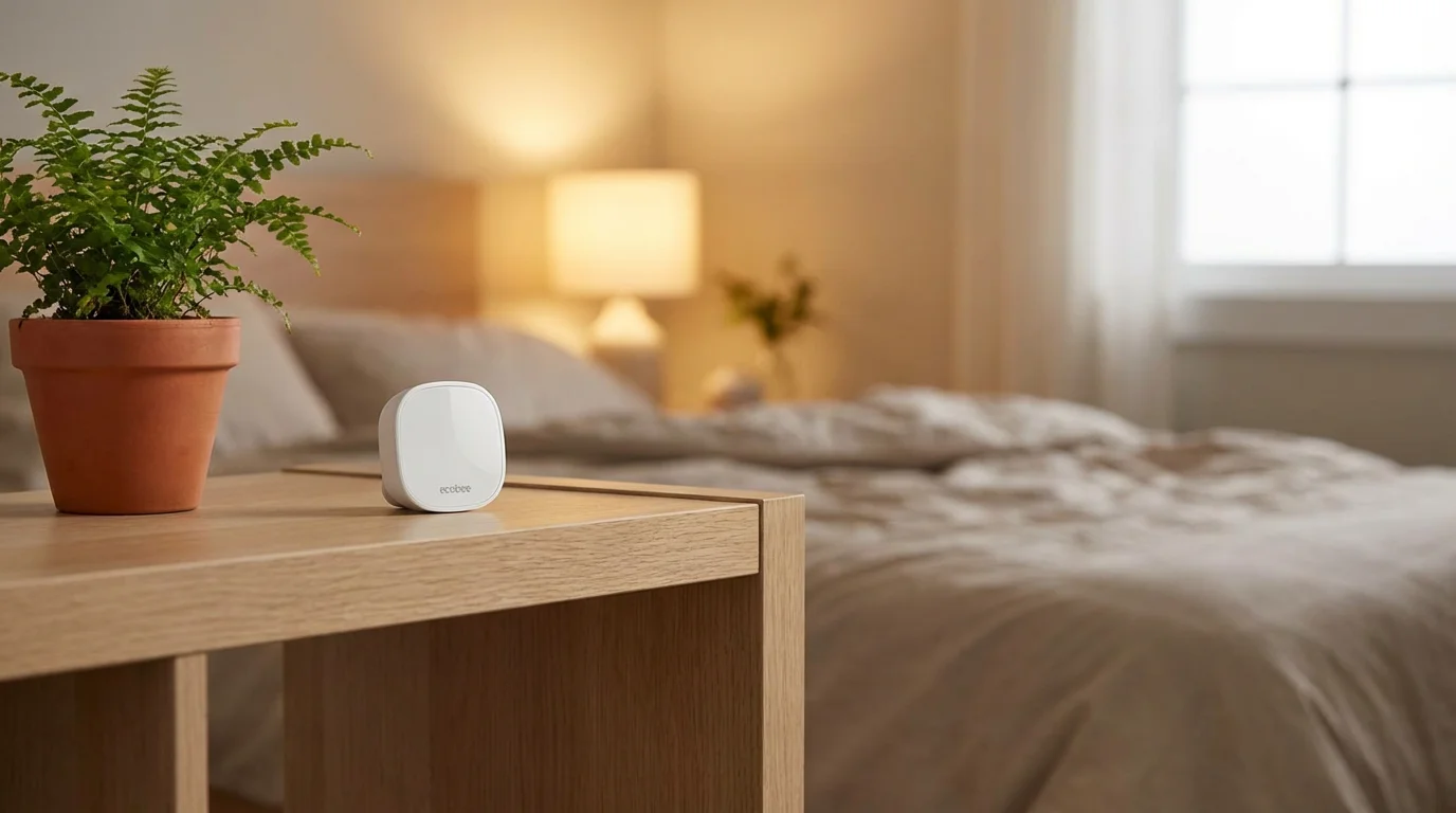 A small white smart sensor placed on a bookshelf in a modern room.
