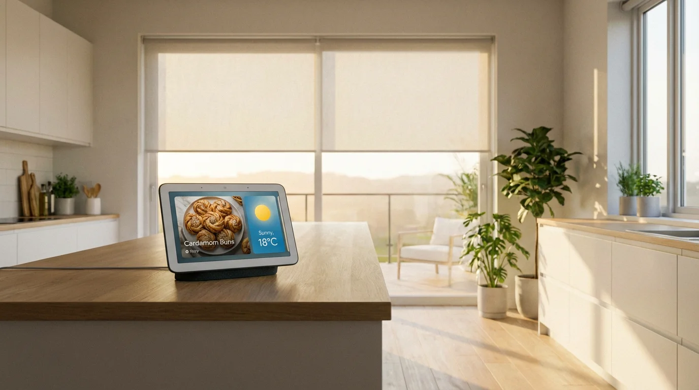A smart display in a bright kitchen with automated window shades in the background.