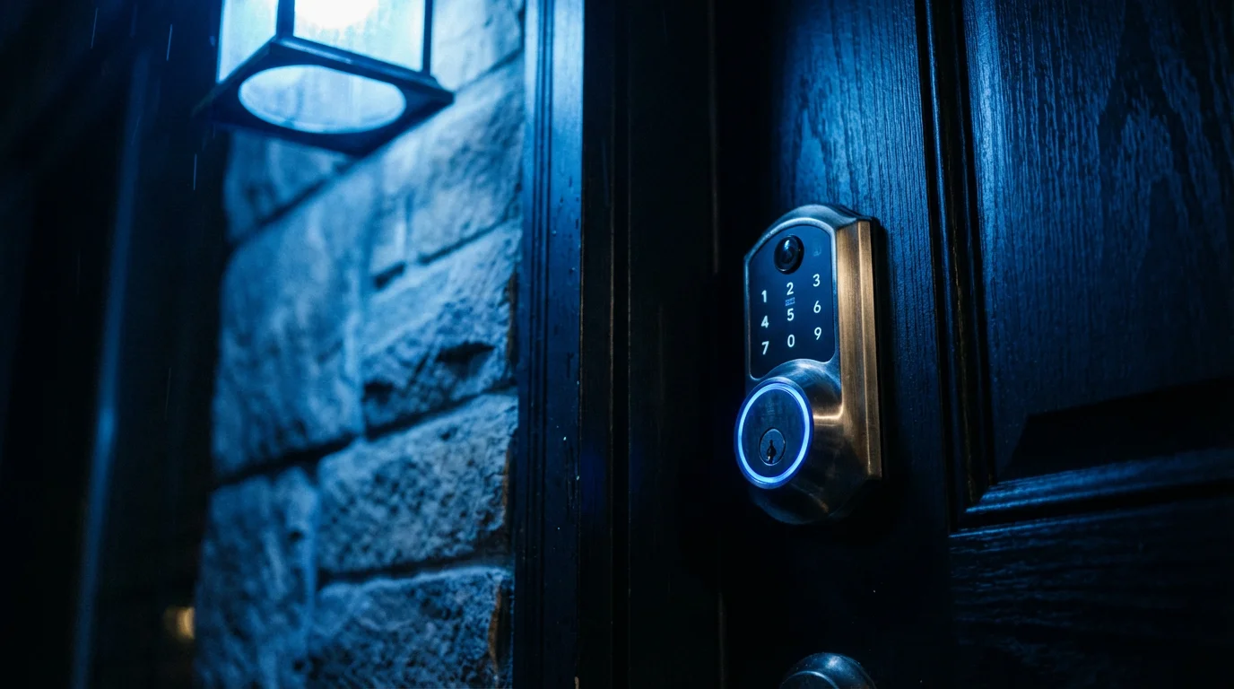 A smart door lock on a black door at night with blue exterior lighting.