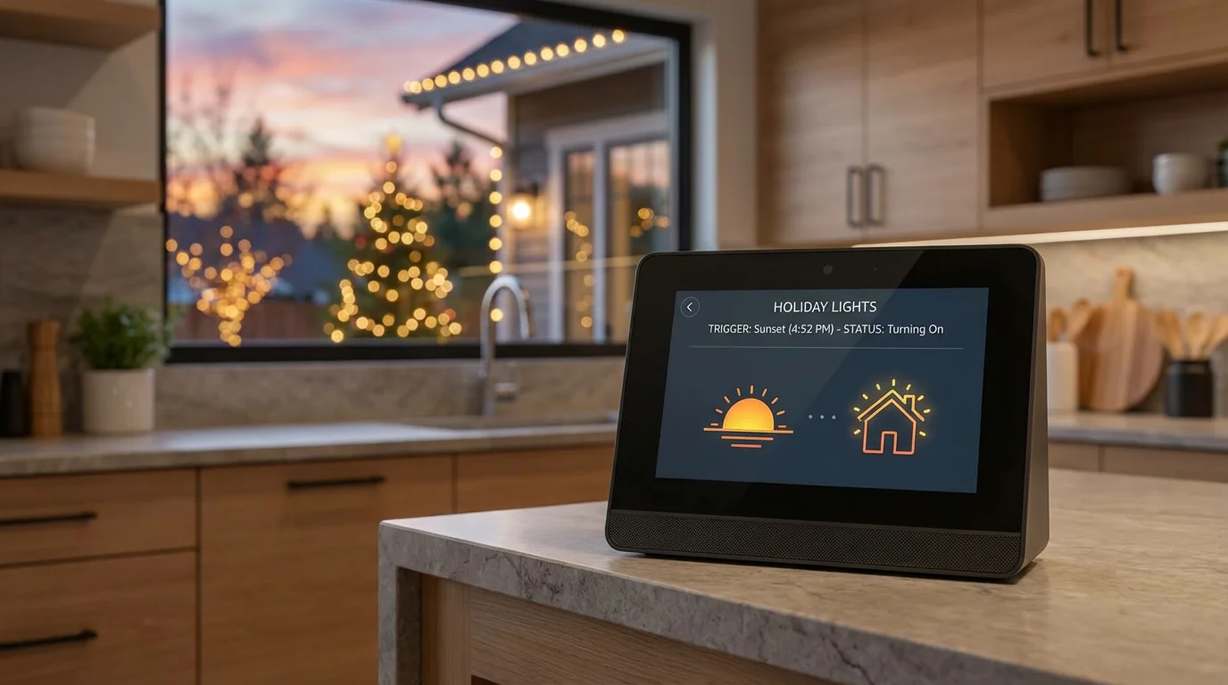 A smart home control panel showing a scheduled automation for holiday lighting.