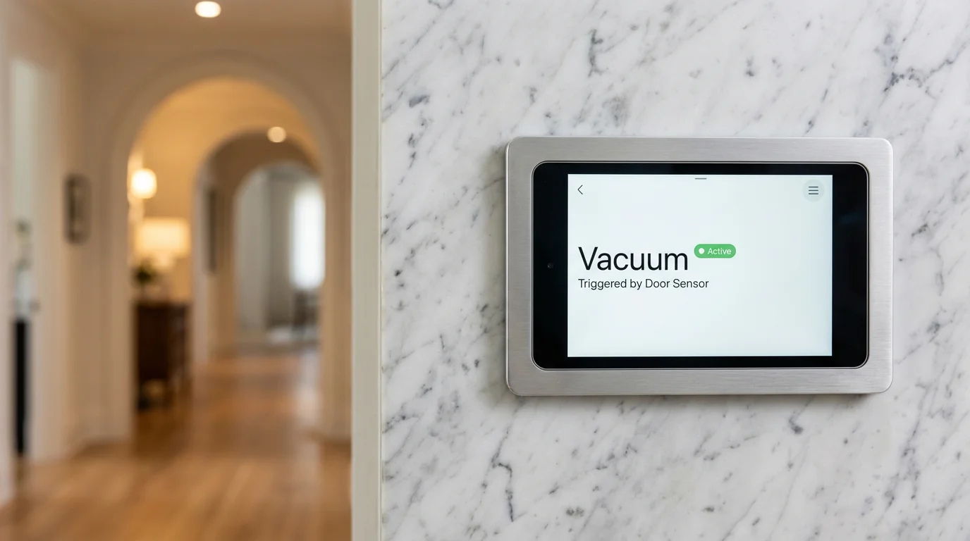 A smart home control panel showing the robot vacuum being triggered by home sensors.
